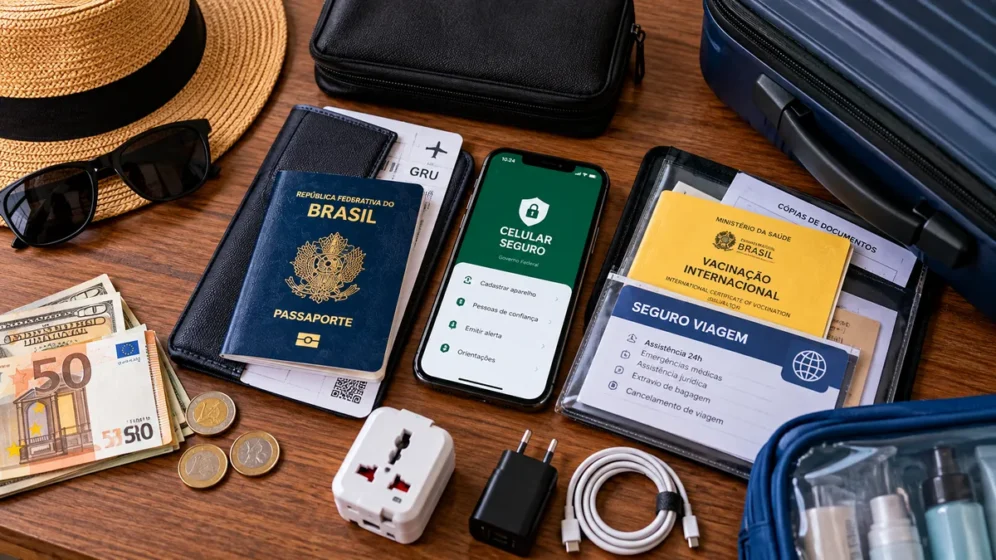 Documentos, passaporte e celular organizados para uma viagem internacional com segurança