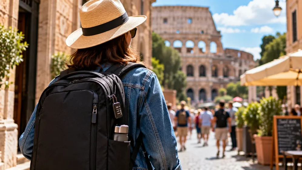 Viajante caminhando por destino turístico com mochila protegida