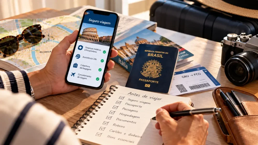 Viajante conferindo coberturas do seguro viagem antes do embarque