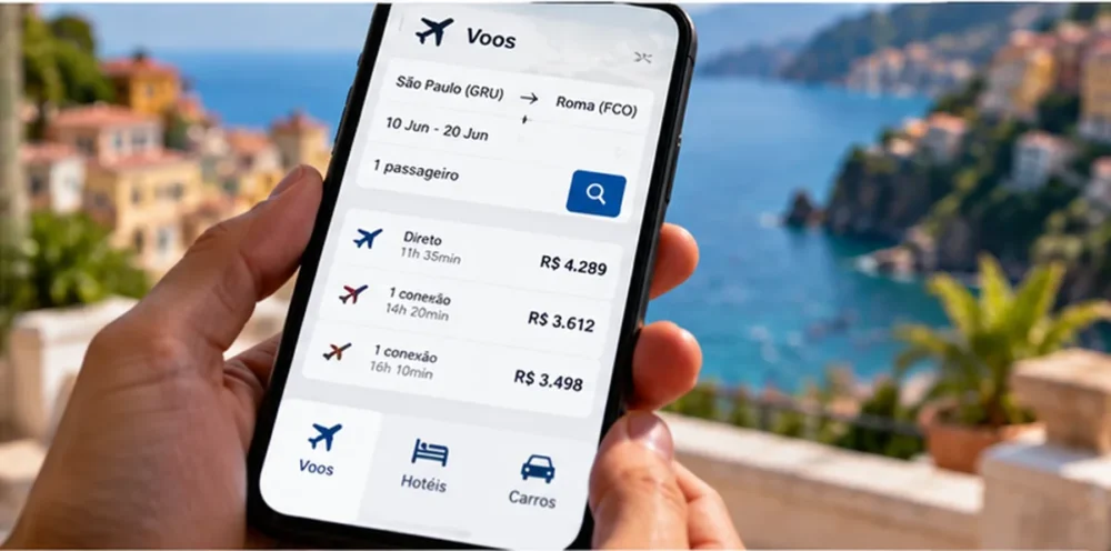 Celular com resultados de voos e preços, representando a comparação de opções de passagens.