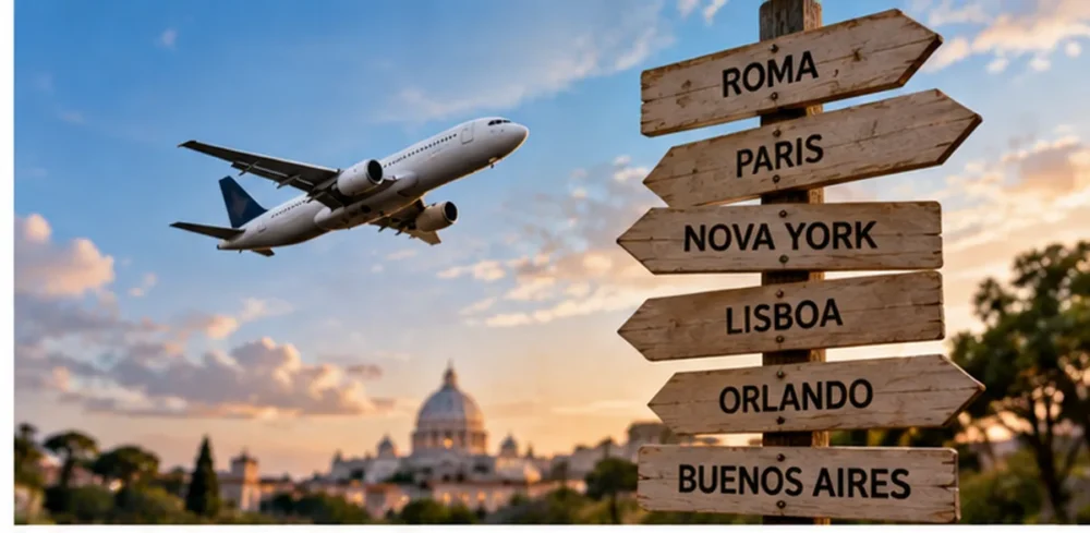 Avião em voo próximo a destinos internacionais, representando a pesquisa de passagens aéreas.