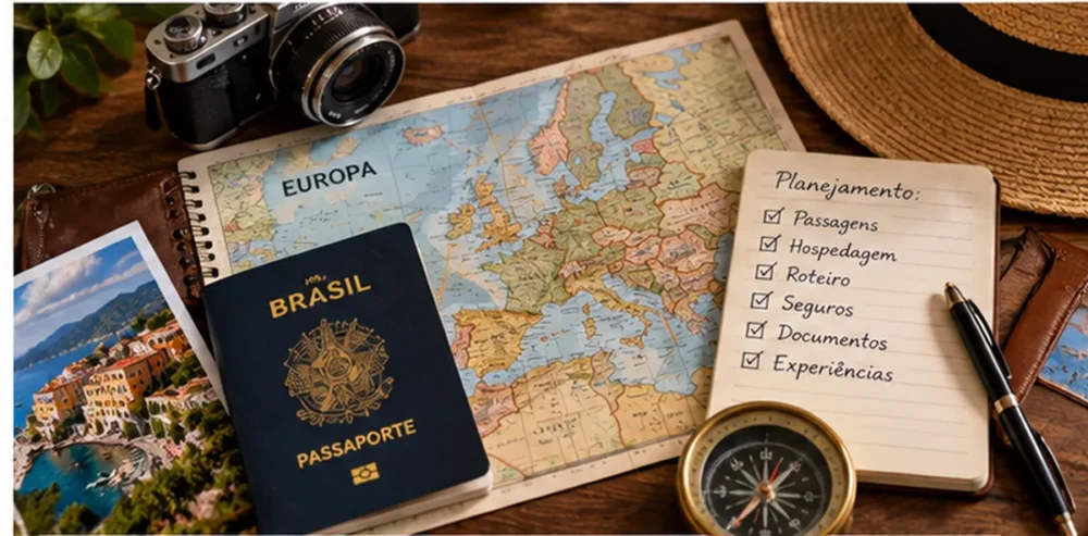 Mapa da Europa, passaporte, câmera fotográfica e checklist de planejamento de viagem.