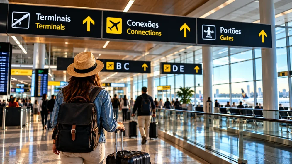 Placas indicando conexões, terminais e portões em aeroporto internacional