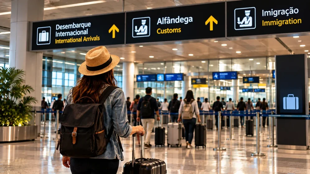Área de desembarque internacional para controle de bagagens e alfândega