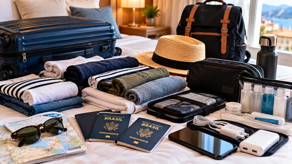 Roupas e itens selecionados para organizar uma mala de viagem
