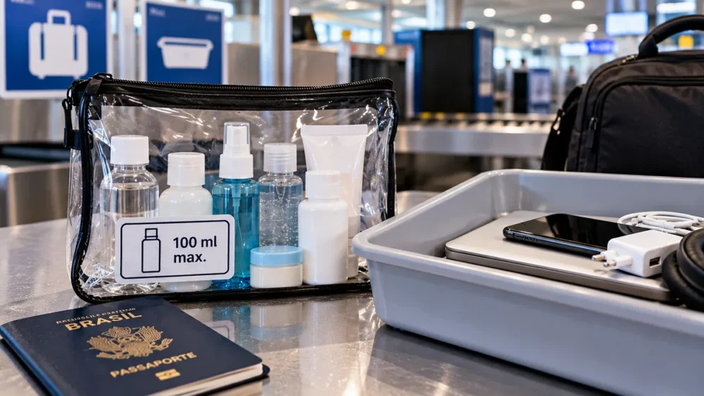 Bagagem de mão organizada com líquidos em recipientes pequenos para viagem de avião