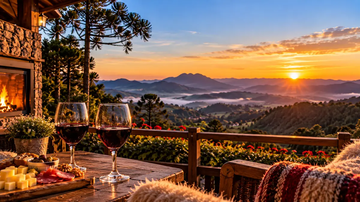 Viagem romântica na serra com vinho e paisagem de montanha