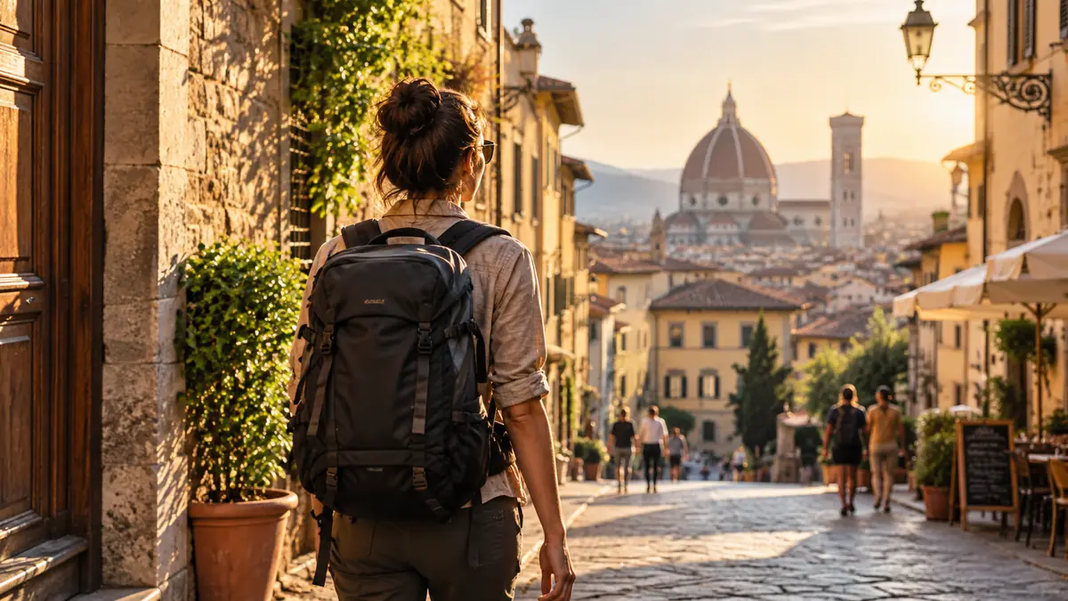 Mochileira caminhando por cidade europeia em uma viagem despojada