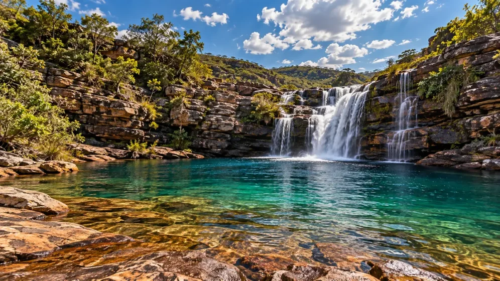 Cachoeira e paisagem da Chapada dos Veadeiros em Goiás