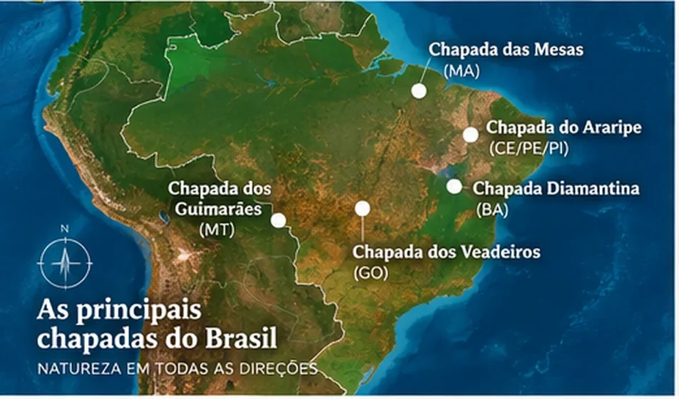 Mapa com a localização das principais chapadas do Brasil