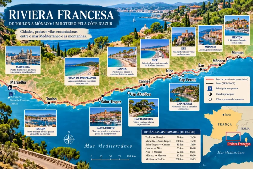 Mapa da Riviera Francesa de Toulon a Menton, passando por Saint-Tropez, Cannes, Nice e Mônaco