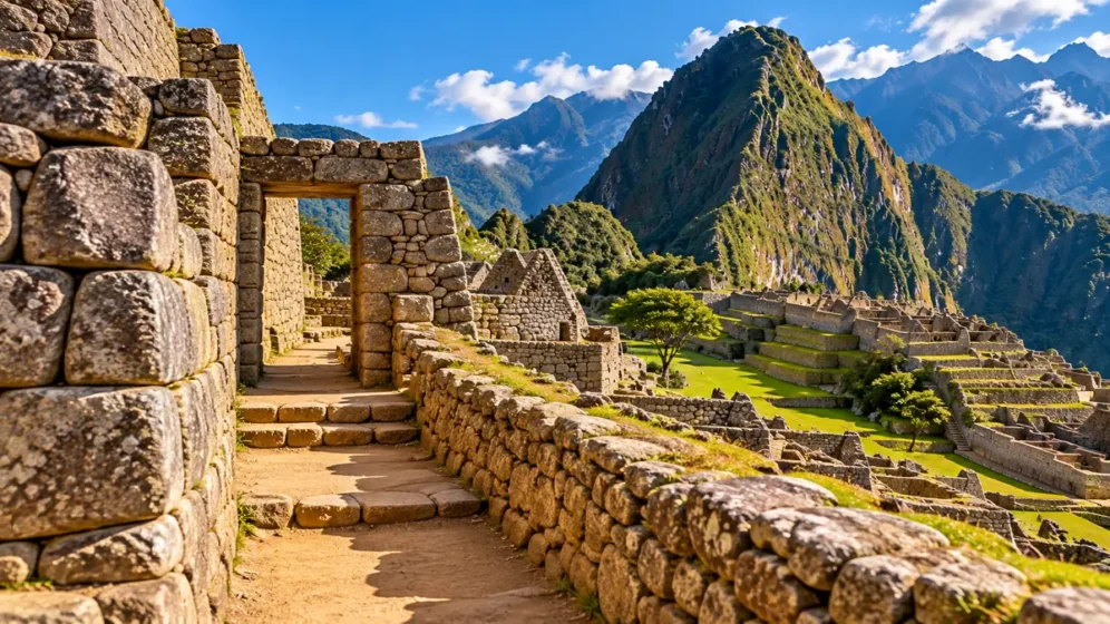 Muros de pedra, passagem e terraços da arquitetura inca em Machu Picchu