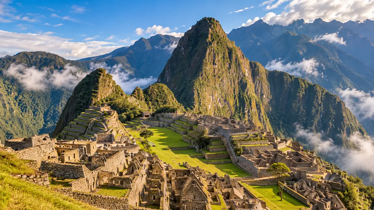 Vista panorâmica de Machu Picchu com a cidade inca, terraços e montanhas