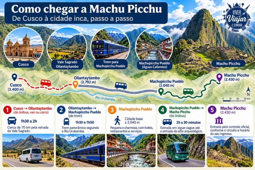Mapa ilustrado do trajeto de Cusco a Machu Picchu via Ollantaytambo e Machupicchu Pueblo