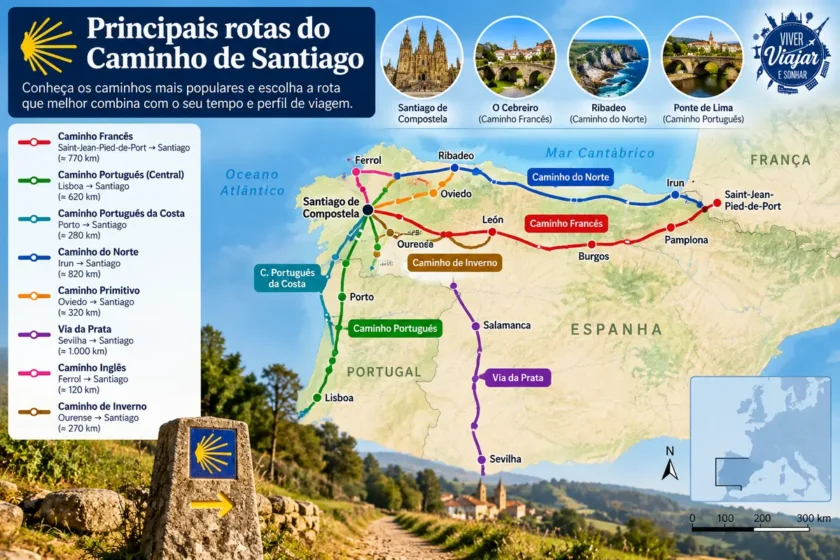 Mapa das principais rotas do Caminho de Santiago até Santiago de Compostela