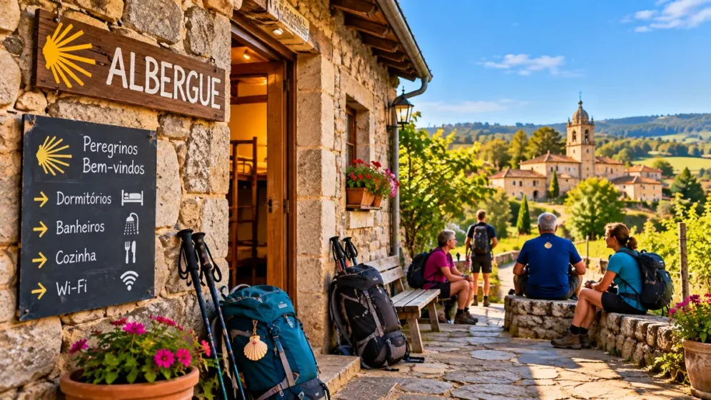 Peregrinos descansando em um albergue no Caminho de Santiago