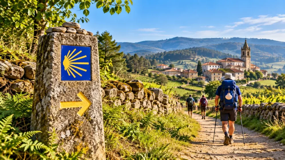 Peregrinos caminhando por uma rota sinalizada do Caminho de Santiago