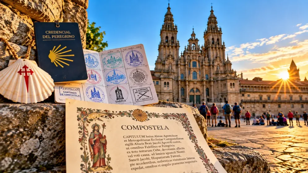 Credencial do Peregrino com carimbos e representação da Compostela em Santiago