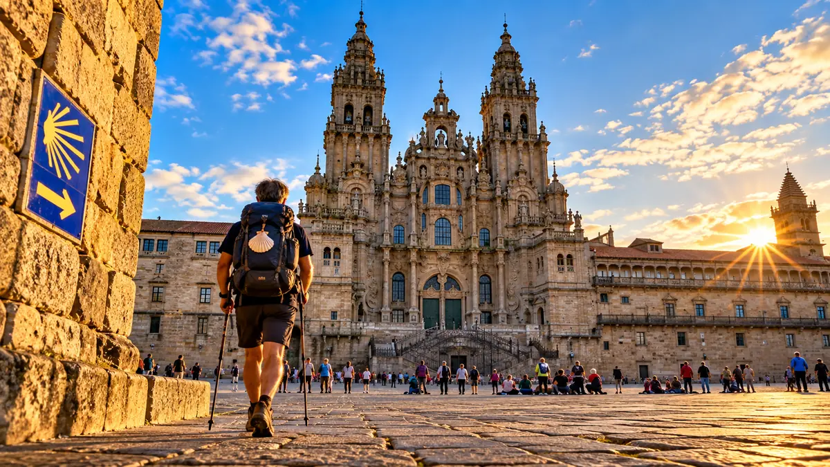 Peregrino chegando à Catedral de Santiago de Compostela
