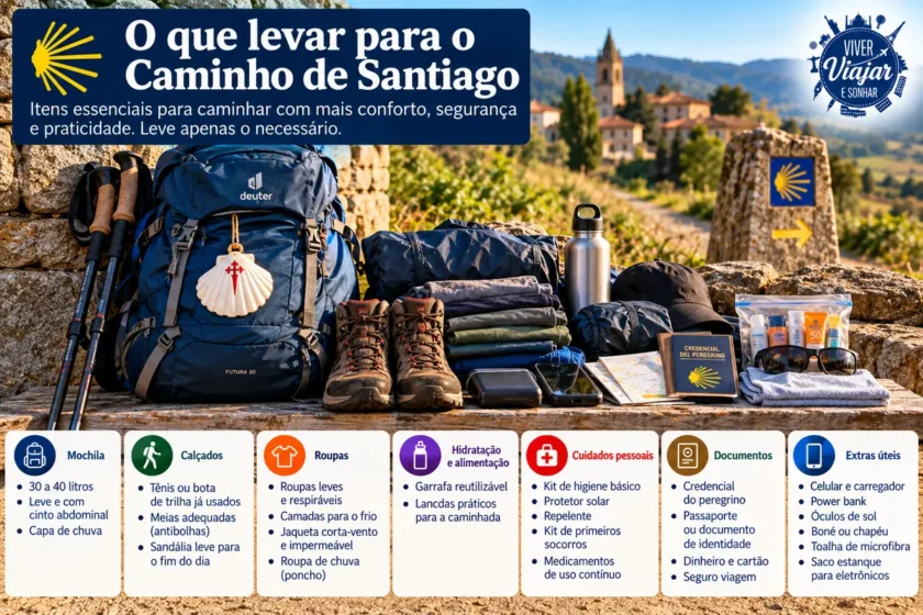 Mochila e itens essenciais para percorrer o Caminho de Santiago