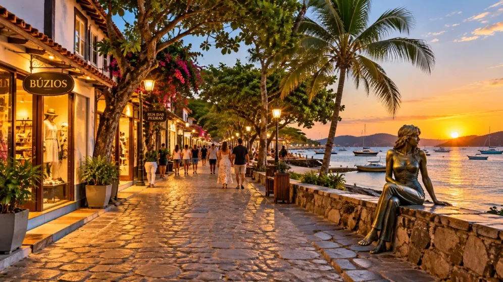 Orla de Búzios ao entardecer com comércio, calçadão e mar