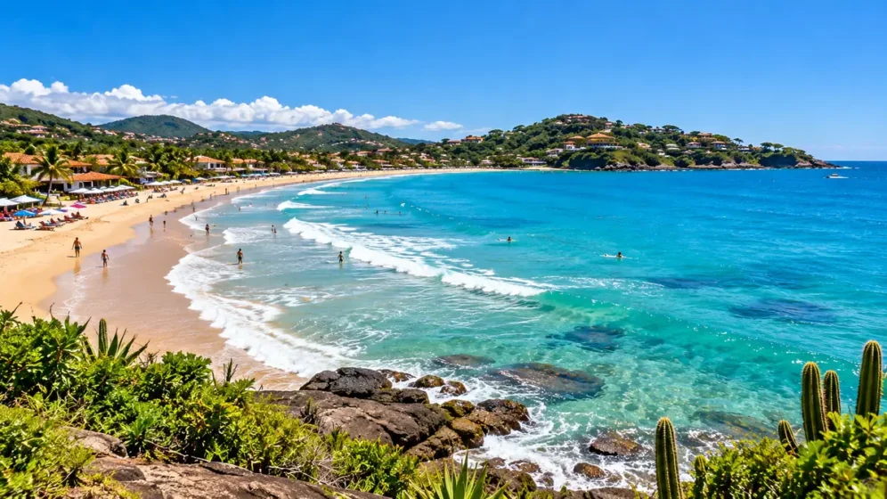 Praia de Búzios com faixa de areia, mar azul e morros ao fundo