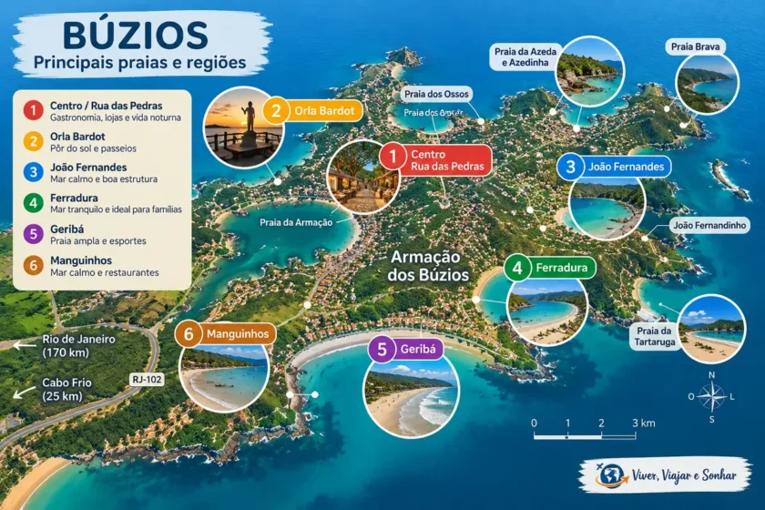 Mapa de Búzios com principais praias e regiões turísticas