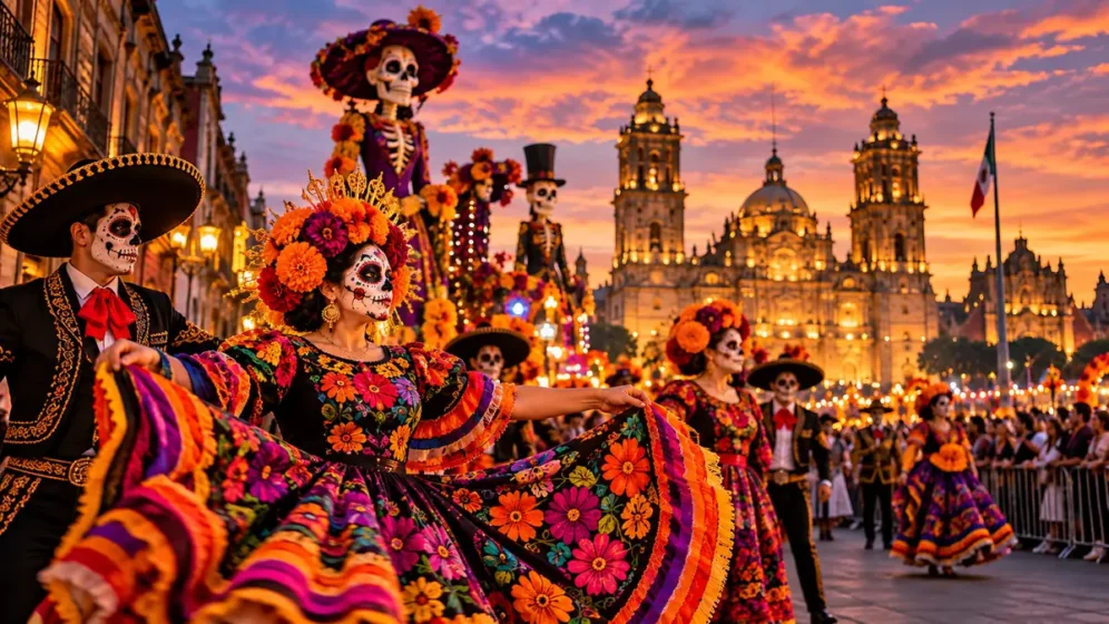 Ilustração de desfile público do Dia dos Mortos na Cidade do México com Catrinas e flores