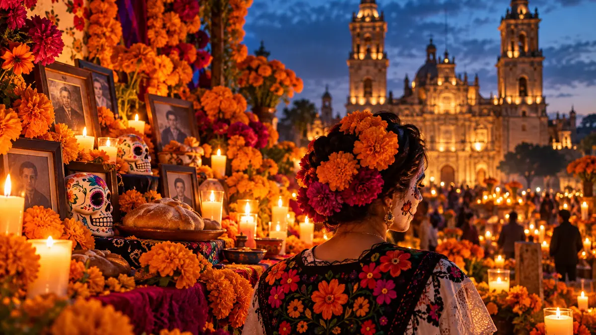 Ofrenda com flores de cempasúchil, velas e fotografias durante o Dia dos Mortos no México