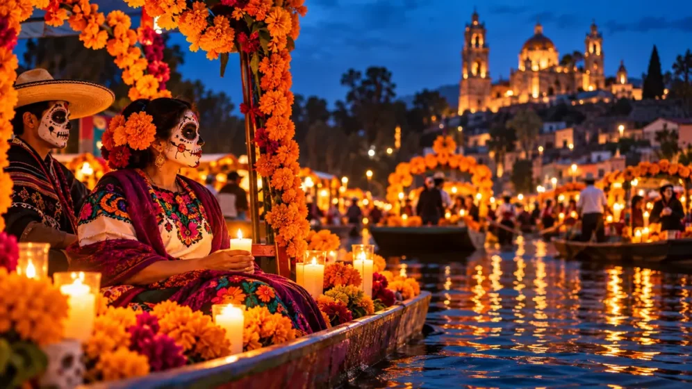 Representação do Dia dos Mortos em Michoacán com flores, velas e celebração junto ao lago