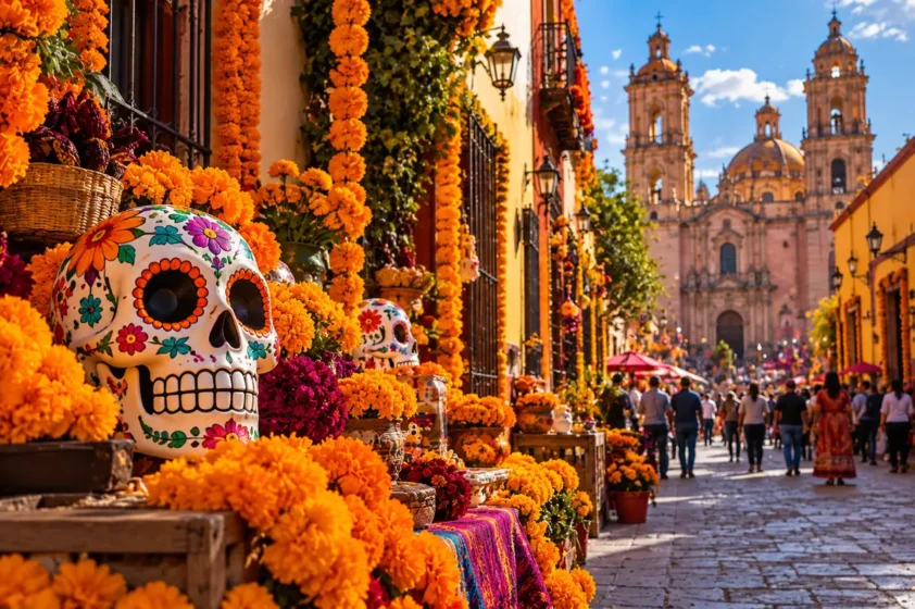Ofrenda com flores de cempasúchil e caveiras decoradas no Dia dos Mortos no México