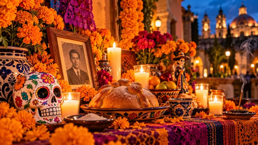 Ofrenda do Dia dos Mortos com cempasúchil, velas, pan de muerto, fotografia e caveira decorada