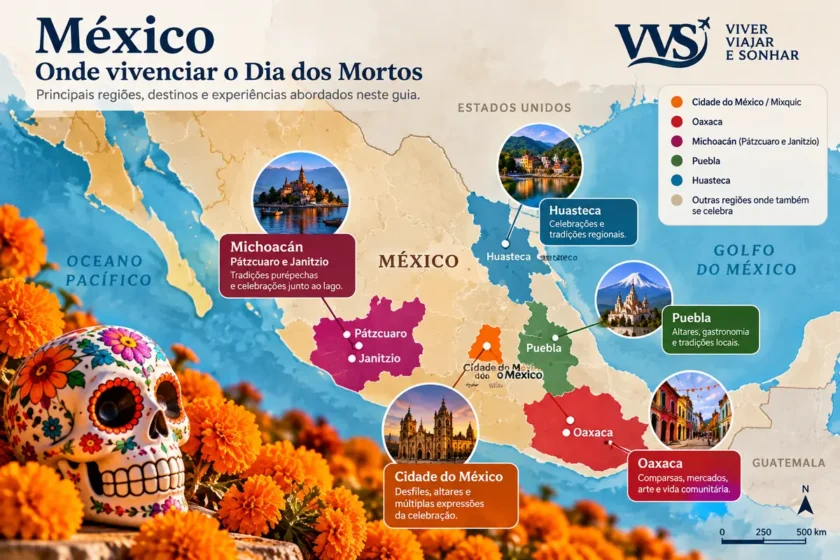 Mapa do México com Cidade do México, Mixquic, Oaxaca, Michoacán, Puebla e Huasteca destacados no guia do Dia dos Mortos