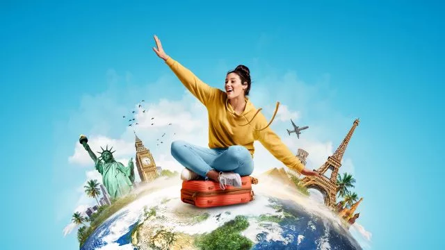 Idealização de viajante no topo do Terra viajando pelo mundo
