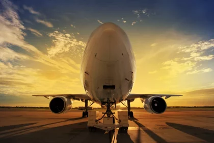 Avião decolando no por do sil