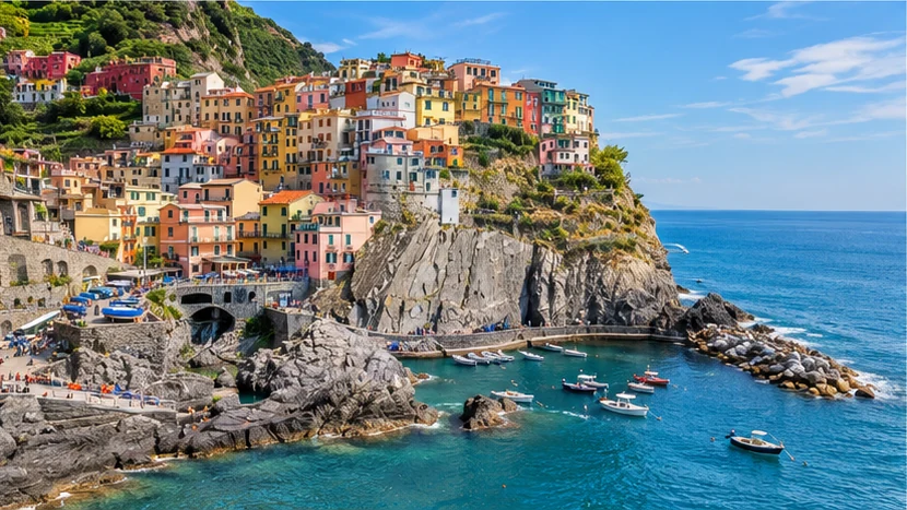 Vilarejo colorido de Cinque Terre diante do mar da Ligúria