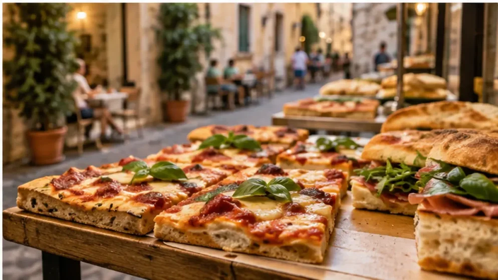 Pizza e comida italiana simples em viagem