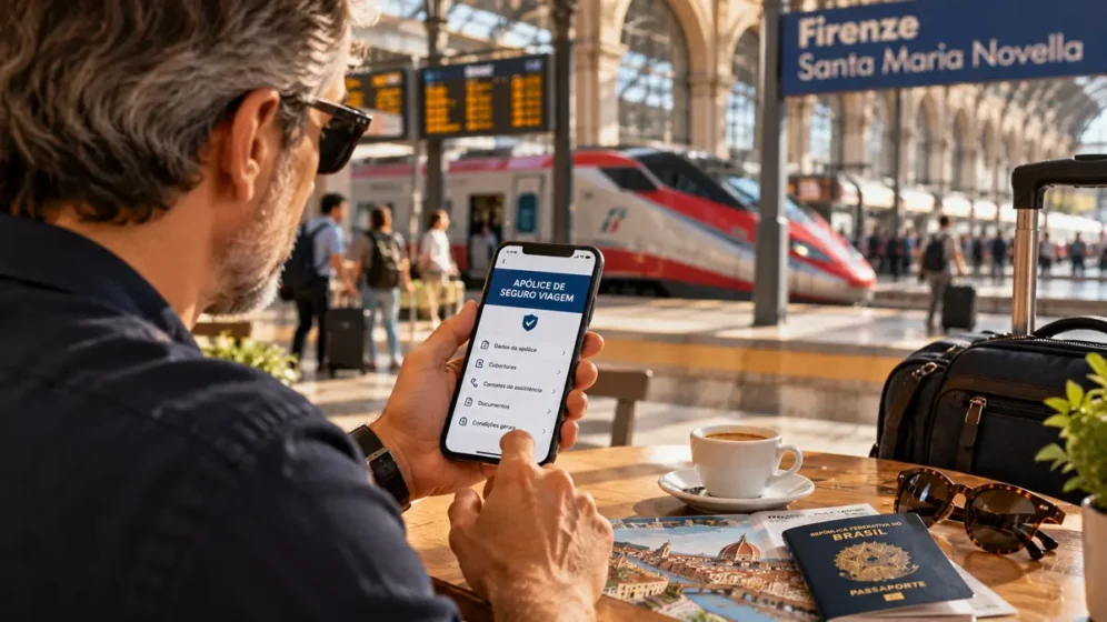 Apólice e documentos de seguro viagem organizados para viagem à Itália.