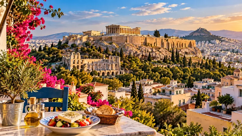 Acrópole de Atenas vista durante o pôr do sol na Grécia
