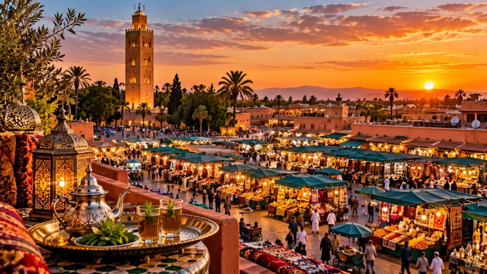 Mercado tradicional de Marrakech ao pôr do sol no Marrocos