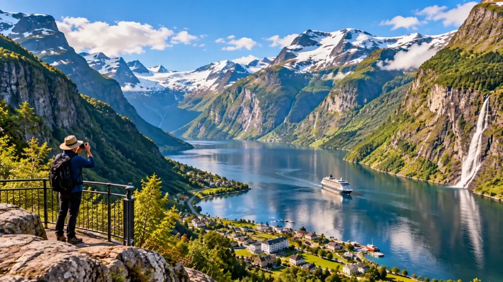 Fiorde cercado por montanhas e cachoeiras na Noruega