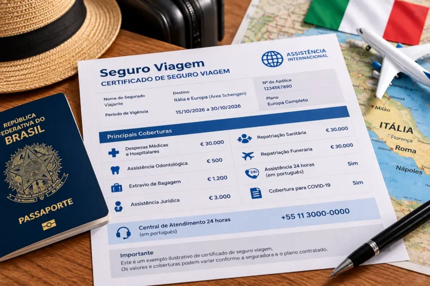 Certificado ilustrativo de seguro viagem para Itália e Espaço Schengen