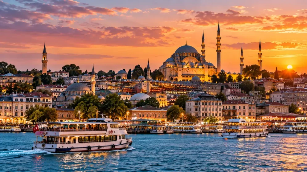 Istambul e barcos no Bósforo durante o pôr do sol na Turquia