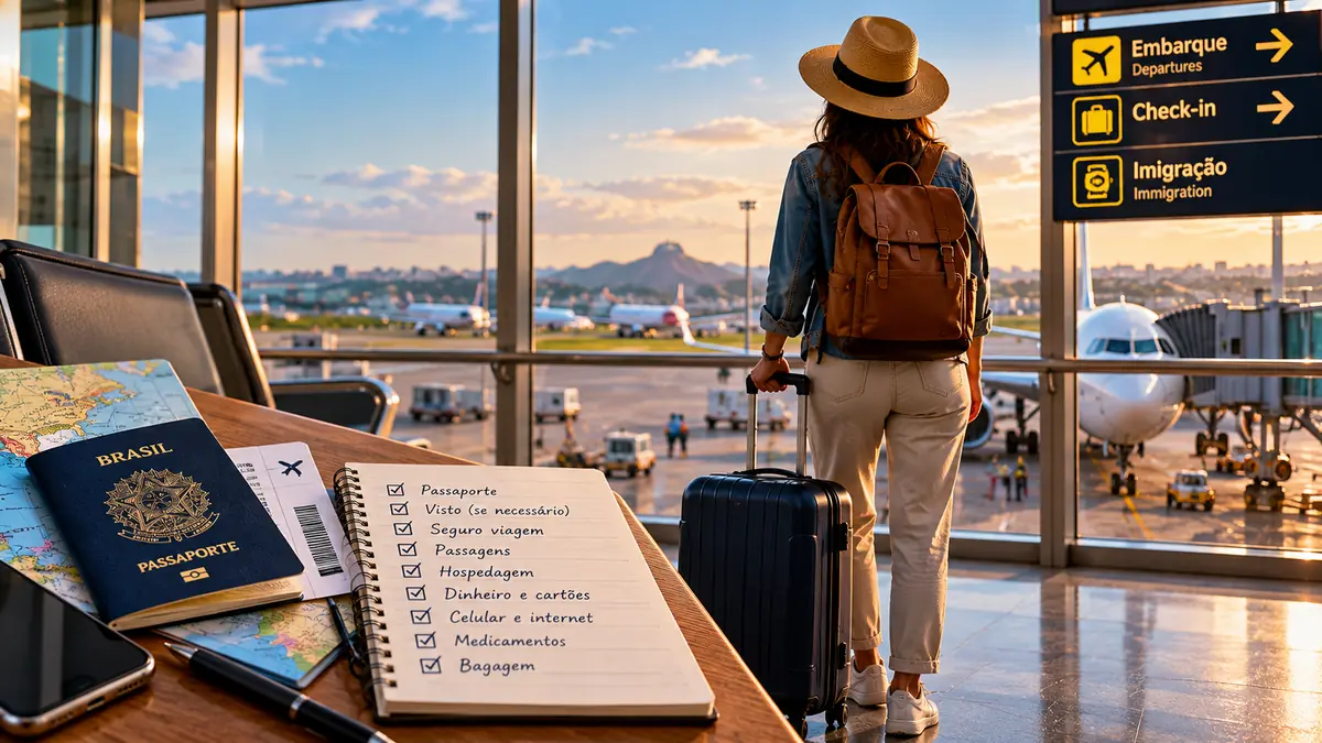 Viajante no aeroporto preparado para a primeira viagem internacional