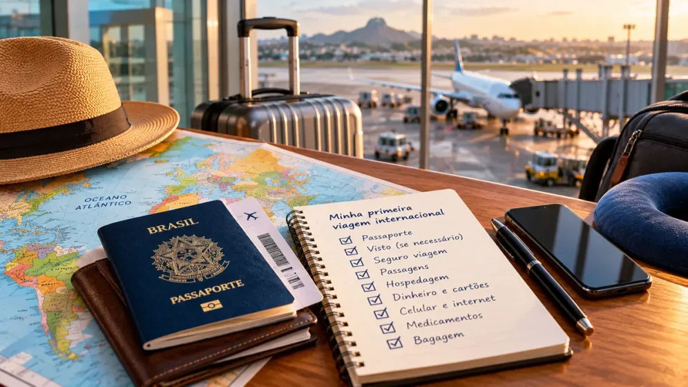 Passaporte e documentos organizados para a primeira viagem internacional