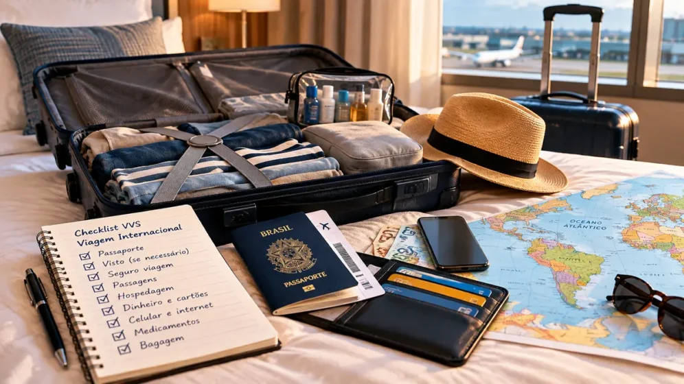 Mala, passaporte e itens essenciais organizados para uma viagem internacional