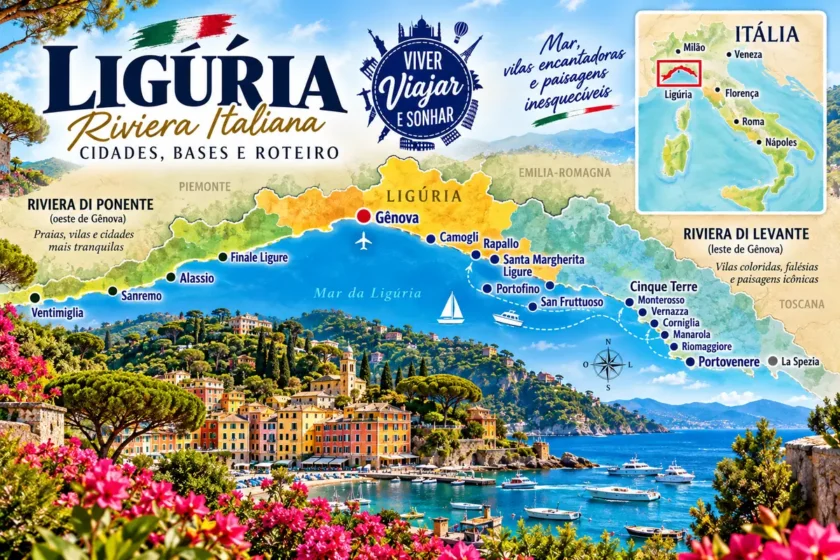 Mapa da Ligúria na Itália com Gênova, Riviera di Levante e Riviera di Ponente