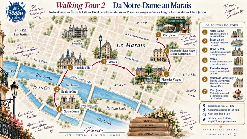 Mapa walking tour Notre-Dame Marais Paris