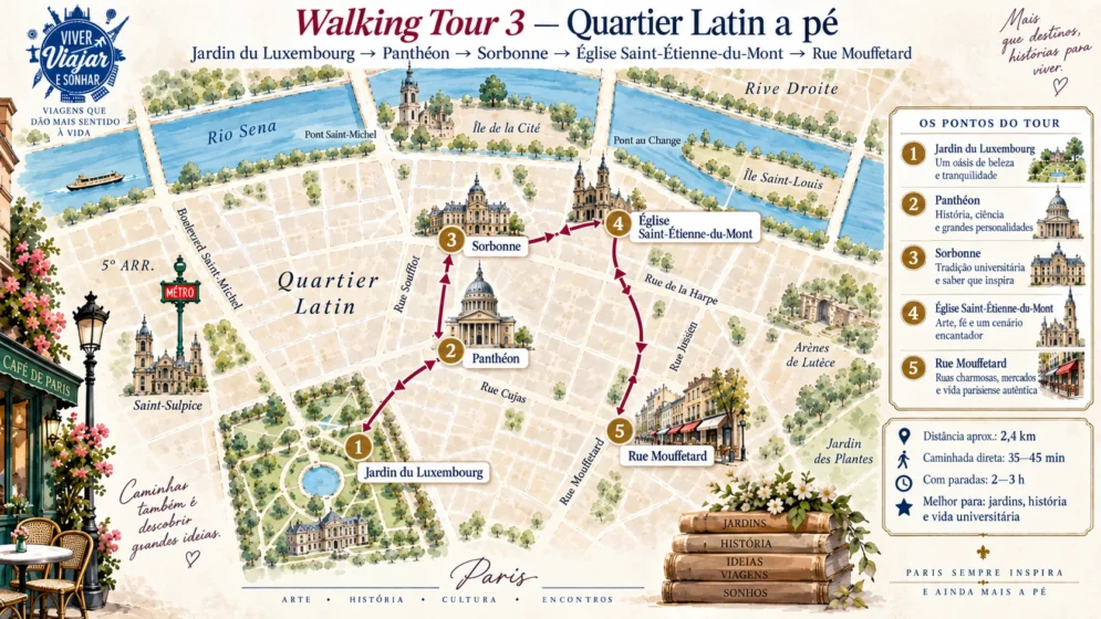 Mapa walking tour Quartier Latin Paris