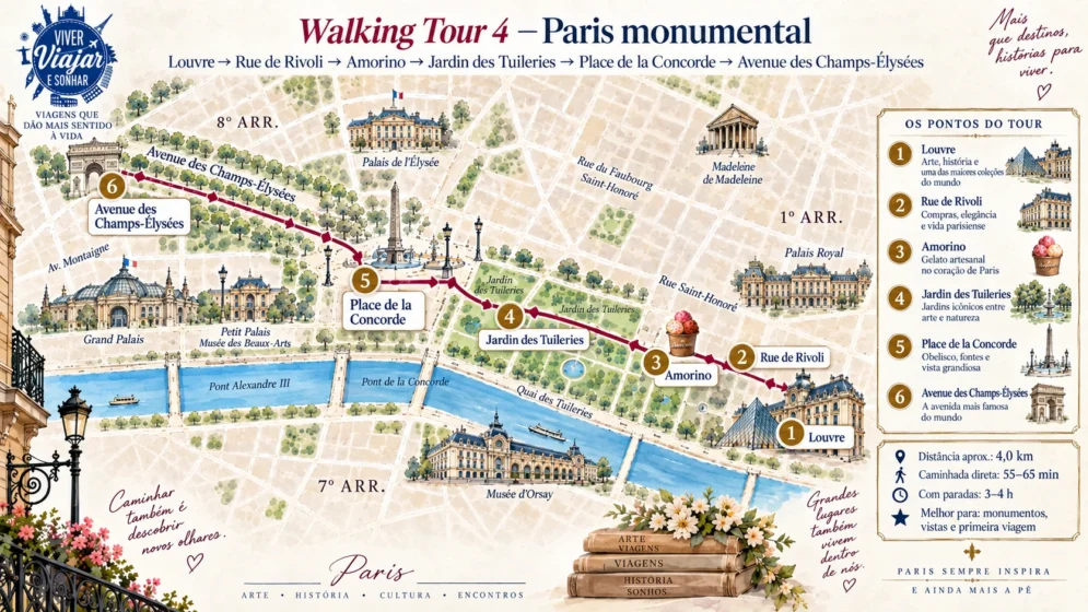 Mapa walking tour Louvre Champs-Élysées Paris